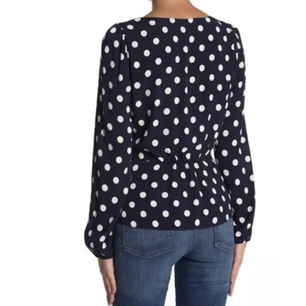 J. Crew Navy Blue White Polka Dot Crepe V Neck Button Front Peplum Blouse